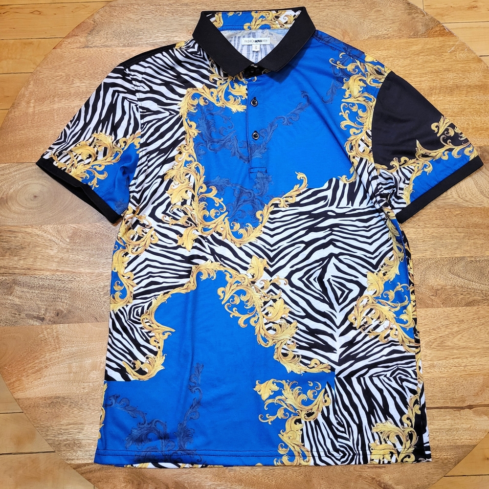 Fashion Nova Blue, Black & White Baroque Zebra Polo